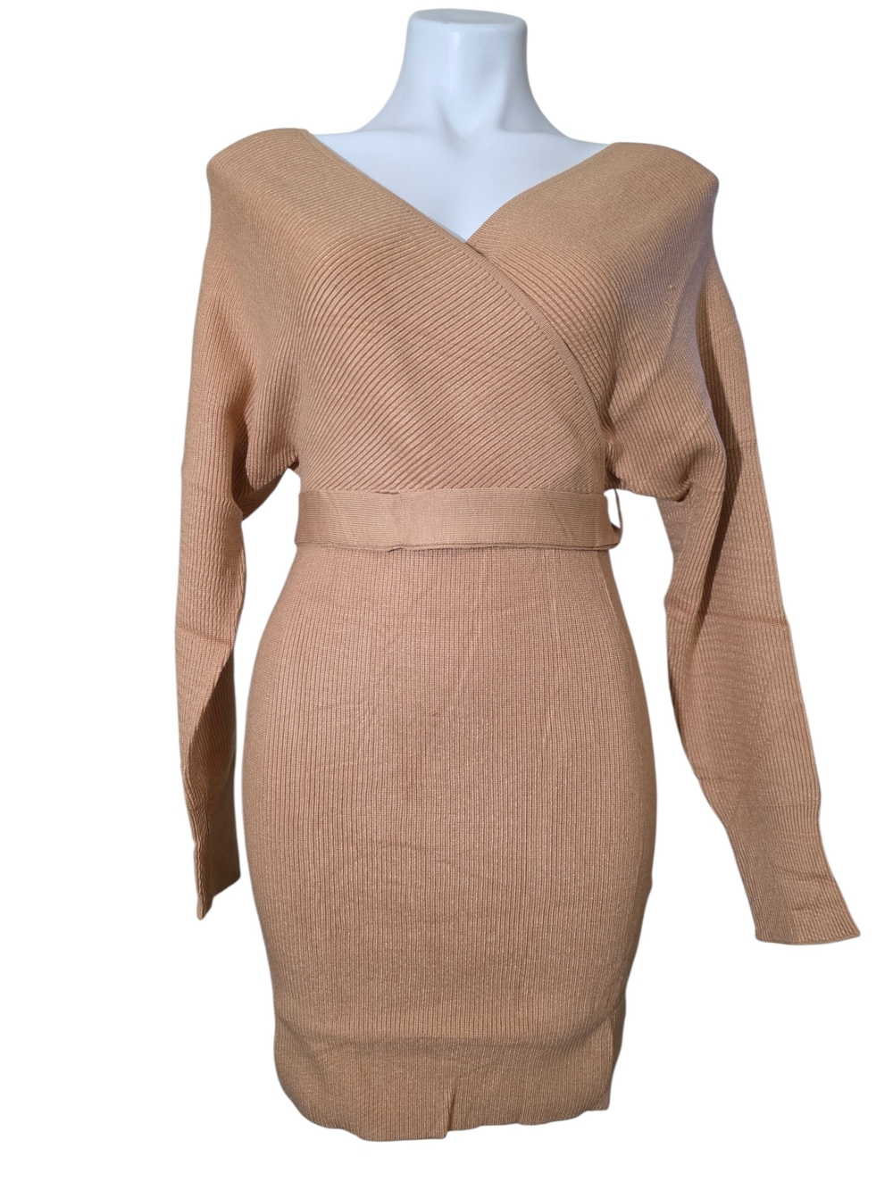 Camel Ribbed Knit Wrap Sweater Dress